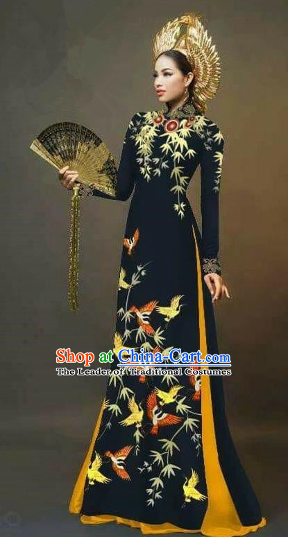 Traditional Top Grade Asian Vietnamese Ha Festival Printing Cranes Ao Dai Dress, Vietnam Women National Jing Nationality Queen Black Cheongsam Bride Costumes