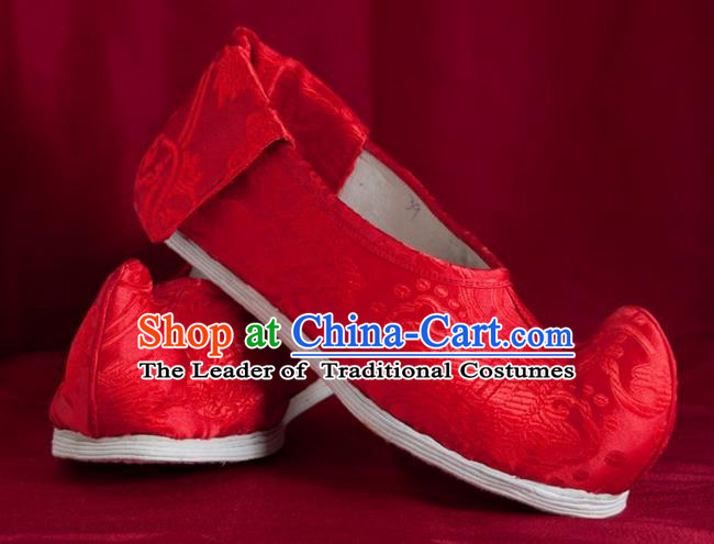 Traditional Chinese Peking Opera Shoes, China Ancient Bride Handmade Red Shoes, Chinese Tang Dynasty Princess Embroidered Cloth Shoes for Women