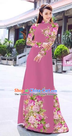 Traditional Top Grade Asian Vietnamese Ha Festival Printing Flowers Pinkish Purple Ao Dai Dress, Vietnam Women National Jing Nationality Princess Cheongsam Bride Costumes