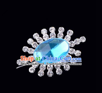 Chinese Ancient Peking Opera Jewelery Accessories, Traditional Chinese Beijing Opera Props Round Brooch Ornaments Hua Tan Blue Rhinestone Breastpin