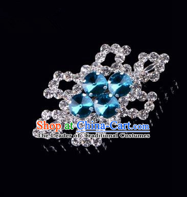 Chinese Ancient Peking Opera Jewelery Accessories, Traditional Chinese Beijing Opera Props Hexagonal Brooch Ornaments Hua Tan Blue Rhinestone Breastpin