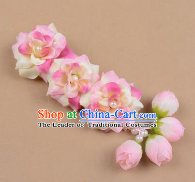 Chinese Ancient Peking Opera Pink Flowers Hair Accessories, Traditional Chinese Beijing Opera Props Head Ornaments Hua Tan Flocking Headwear Hairpins