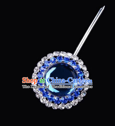 Chinese Ancient Peking Opera Pink Flowers Hair Accessories Headwear, Traditional Chinese Beijing Opera Head Ornaments Hua Tan Double Ring Blue Crystal Bulb Hairpins