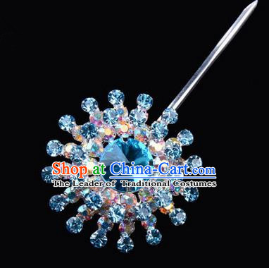 Chinese Ancient Peking Opera Pink Flowers Hair Accessories Headwear, Traditional Chinese Beijing Opera Head Ornaments Hua Tan Colorful Blue Crystal Bulb Hairpins