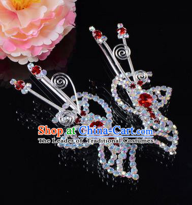 Chinese Ancient Peking Opera Hair Accessories Young Lady Headwear, Traditional Chinese Beijing Opera Head Ornaments Hua Tan Butterfly Red Crystal Hairpins