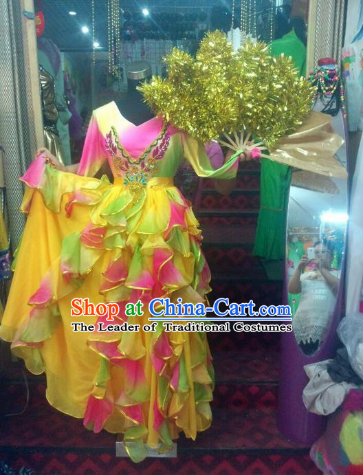 Top Grade Compere Professional Compere Costume, Ballroom Dance Dress Modern Opening Dance Fan Dance Big Swing Yellow Dress for Women