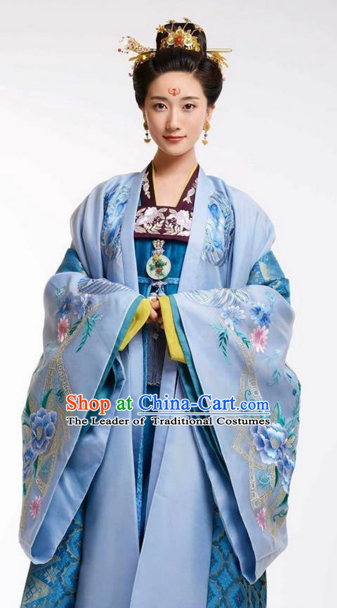 Chinese Ancient Tang Dynasty Imperial Concubine Costume, Traditional Chinese Ancient Peri Palace Lady Costume and Headpiece Complete Set for Women