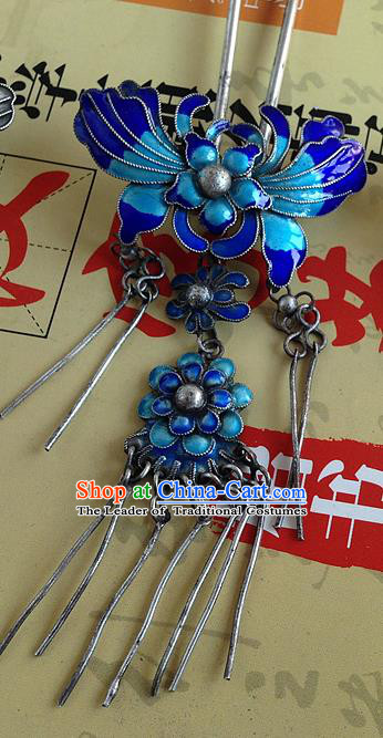 Traditional Handmade Chinese Ancient Classical Hair Accessories Barrettes Sliver Blueing Hairpin, Butterfly Step Shake Hair Sticks Tassel Hairpins for Women