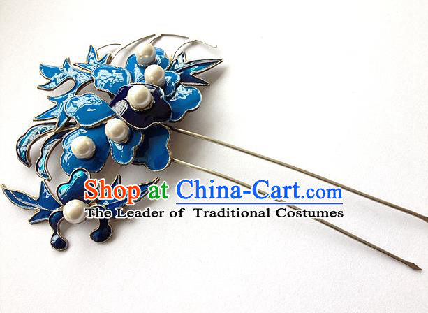 Traditional Handmade Chinese Ancient Classical Hair Jewelry Accessories, China Hanfu Hairfork Hairpins Imperial Princess Blueing Barrettes Hair Stick for Women