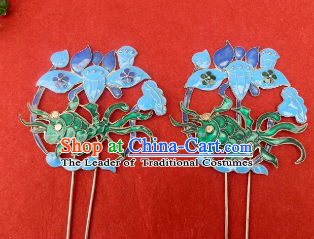 Traditional Handmade Chinese Ancient Classical Hair Accessories Headwear Barrettes Hanfu Hairpins, Ming Dynasty Imperial Blueing Fish Step Shake Hair Clasps Hair Jewellery for Women