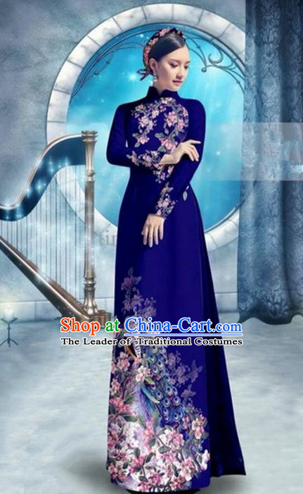 Top Grade Asian Vietnamese Traditional Dress, Vietnam Bride Ao Dai Dress, Princess Wedding Printing Peacock Royalblue Cheongsam Clothing for Women