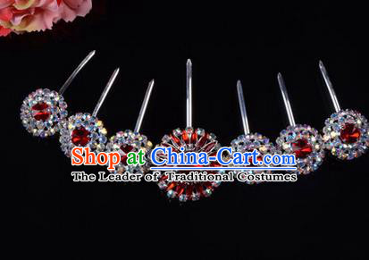 Chinese Ancient Peking Opera Hair Accessories Young Lady Headwear, Traditional Chinese Beijing Opera Head Ornaments Hua Tan Red Crystal Hairpins Complete Set