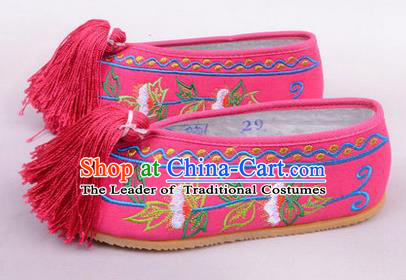 Chinese Ancient Peking Opera Young Lady Embroidered Hua Tan Shoes, Traditional China Beijing Princess Opera Rosy Embroidered Shoes