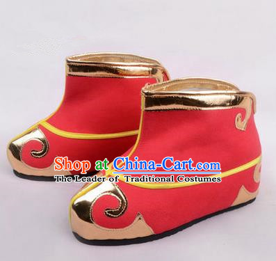 Chinese Ancient Peking Opera Martial Role Boots, Traditional China Beijing Opera Male Red Embroidered Shoes