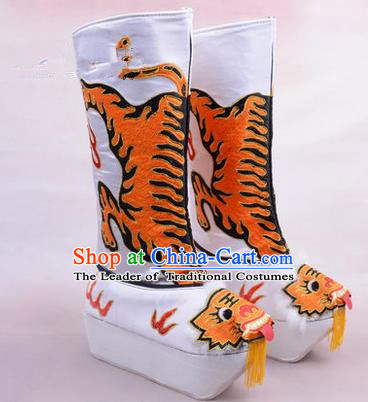 Chinese Ancient Peking Opera King Embroidered High Leg Boots, Traditional China Beijing Emperor Opera White Embroidered Steller Shoes