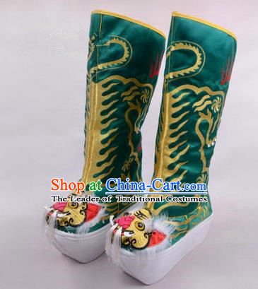 Chinese Ancient Peking Opera King Embroidered High Leg Boots, Traditional China Beijing Opera Emperor Green Embroidered Tiger-head High Sole Shoes