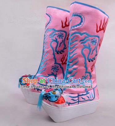 Chinese Ancient Peking Opera King Embroidered High Leg Boots, Traditional China Beijing Opera Emperor Pink Embroidered Tiger-head High Sole Shoes