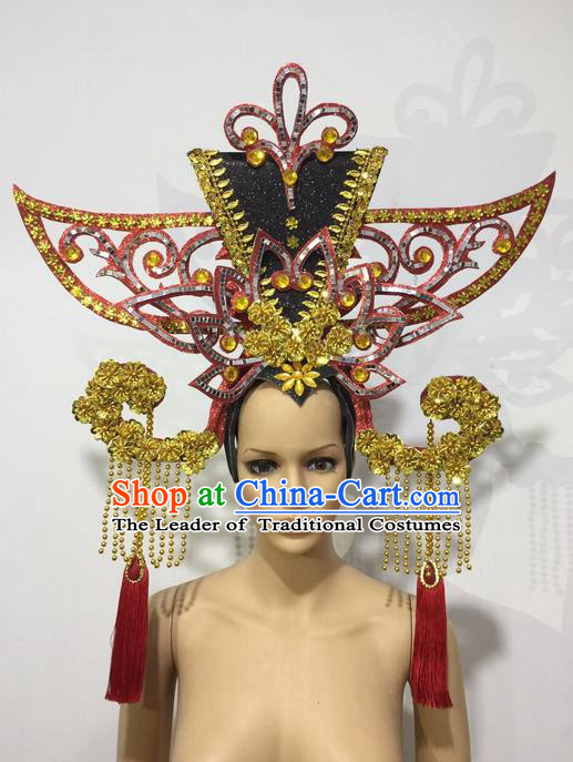 Top Grade Professional Stage Show Halloween Queen Headpiece Exaggerate Hat, Brazilian Rio Carnival Samba Opening Dance Imperial Empress Hair Accessories Headwear for Women