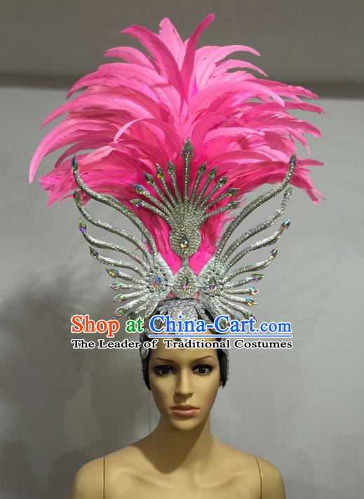 Top Grade Professional Stage Show Halloween Headpiece Pink Feather Hat, Brazilian Rio Carnival Samba Opening Dance Imperial Empress Hair Accessories Headwear for Women