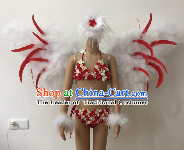 Top Grade Professional Performance Catwalks Bikini Swimsuit with Wings, Traditional Brazilian Rio Carnival Samba Modern Fancywork Feather Clothing for Kids