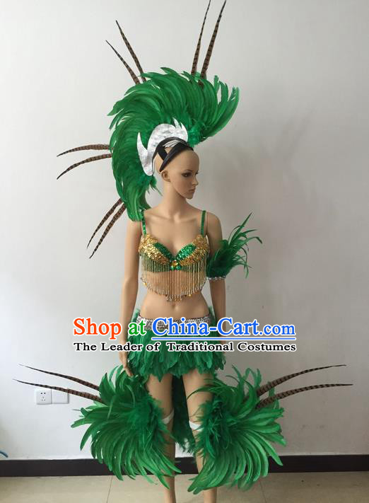 Top Grade Professional Performance Catwalks Bikini Costume, Traditional Brazilian Rio Carnival Samba Modern Fancywork Green Feather Swimsuits Clothing for Women