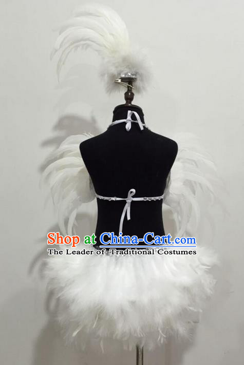 Top Grade Professional Performance Catwalks Bikini Costume, Traditional Brazilian Rio Carnival Samba Modern Fancywork White Feather Swimsuits Clothing for Kids