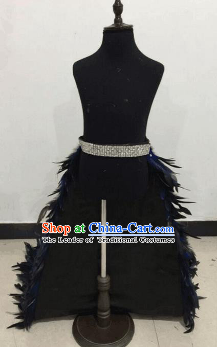 Top Grade Professional Performance Catwalks Costume, Traditional Brazilian Rio Carnival Samba Modern Fancywork Blue Feather Skirt Clothing for Kids