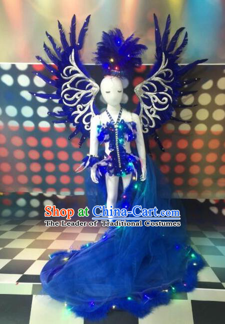 Top Grade Professional Performance Catwalks Bikini Costume and Headpiece, Traditional Brazilian Rio Carnival Samba Modern Fancywork Blue Feather Swimsuit for Kids