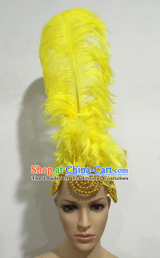 Top Grade Professional Stage Show Giant Headpiece Parade Hair Accessories, Brazilian Rio Carnival Samba Opening Dance Imperial Empress Yellow Feather Headwear for Women