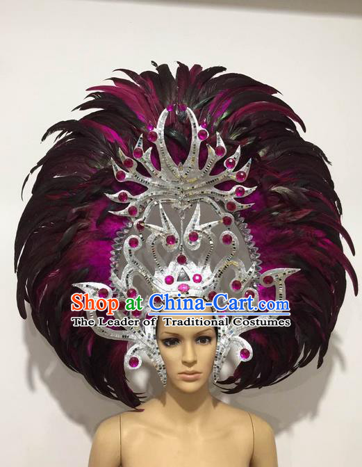 Top Grade Professional Stage Show Halloween Giant Headpiece Feather Hat, Brazilian Rio Carnival Samba Opening Dance Imperial Empress Hair Accessories Headwear for Women