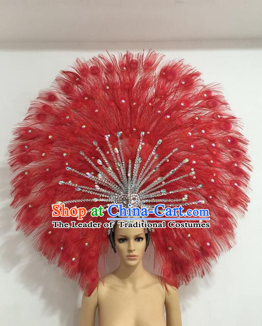 Top Grade Professional Stage Show Giant Headpiece Red Feather Big Hair Accessories Decorations, Brazilian Rio Carnival Samba Opening Dance Headwear for Women