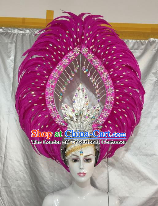 Top Grade Professional Stage Show Giant Headpiece Parade Giant Rosy Feather Crystal Hair Accessories Decorations, Brazilian Rio Carnival Samba Opening Dance Headwear for Women