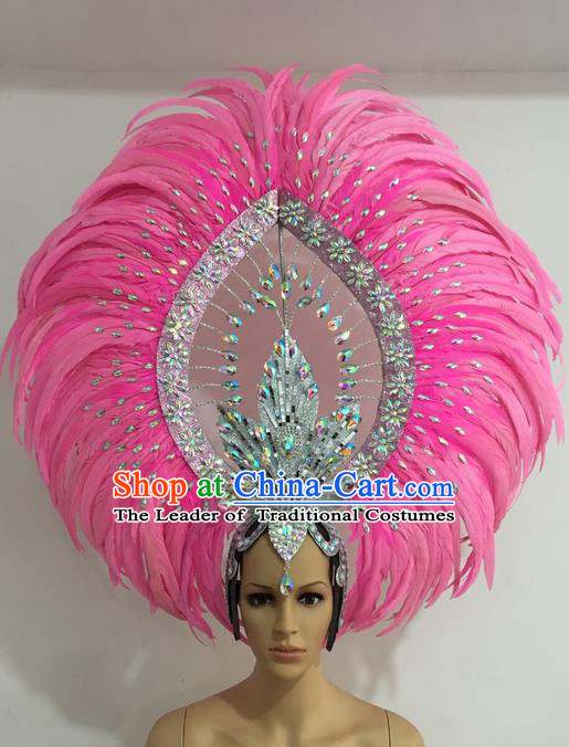 Top Grade Professional Stage Show Giant Headpiece Parade Giant Pink Feather Crystal Hair Accessories Decorations, Brazilian Rio Carnival Samba Opening Dance Headwear for Women