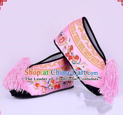 Chinese Ancient Peking Opera Young Lady Bride Embroidered Flowers Hua Tan Shoes, Traditional China Beijing Opera Princess Wedding Pink Embroidered Increase Shoes