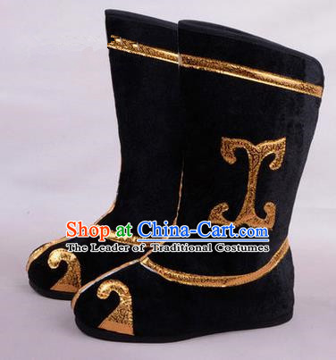 Chinese Ancient Peking Opera Martial Lady Swordplay Embroidered Boots, Traditional China Beijing Opera Dragon Dance Black Embroidered Shoes