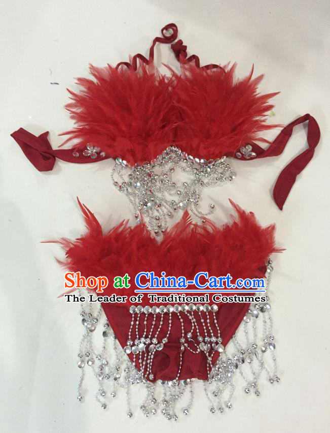 Top Grade Professional Performance Catwalks Swimsuit Costumes, Traditional Brazilian Rio Carnival Samba Suits Modern Fancywork Red Feather Bikini for Women