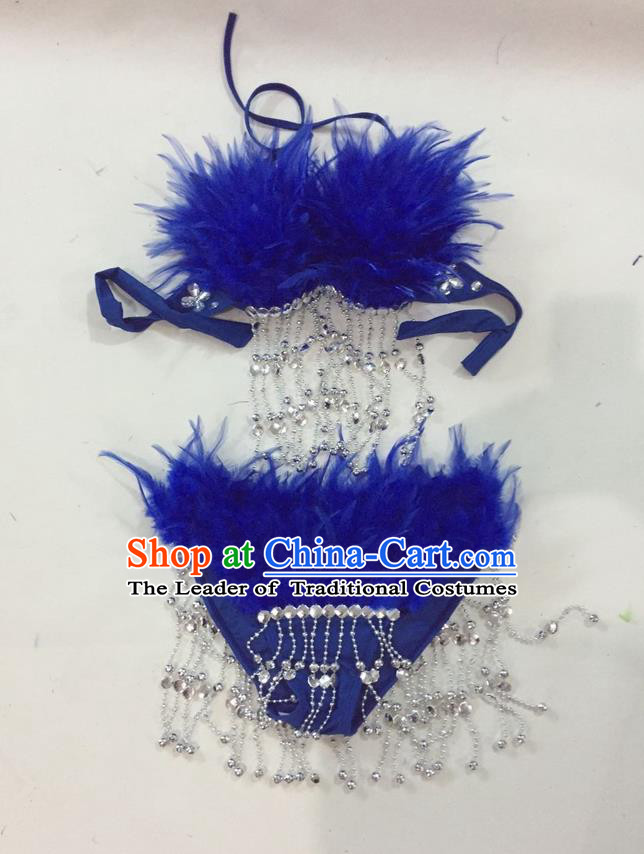 Top Grade Professional Performance Catwalks Swimsuit Costumes, Traditional Brazilian Rio Carnival Samba Suits Modern Fancywork Royalblue Feather Bikini for Women