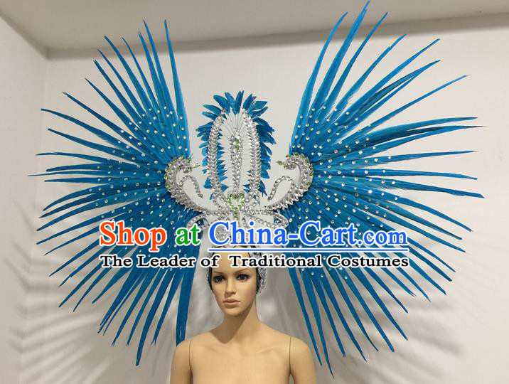 Top Grade Professional Stage Show Giant Headpiece Parade Hair Accessories Decorations, Brazilian Rio Carnival Samba Opening Dance Blue Feather Headdress for Women