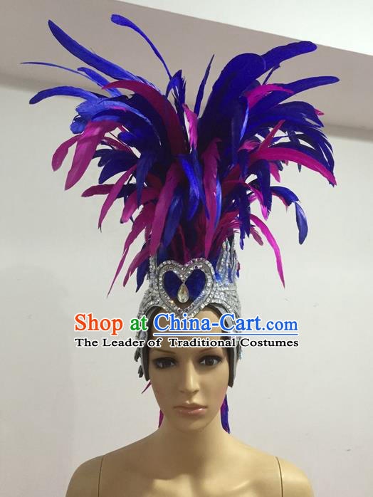 Top Grade Professional Stage Show Giant Headpiece Parade Hair Accessories Decorations, Brazilian Rio Carnival Samba Opening Dance Blue Feather Hats for Women