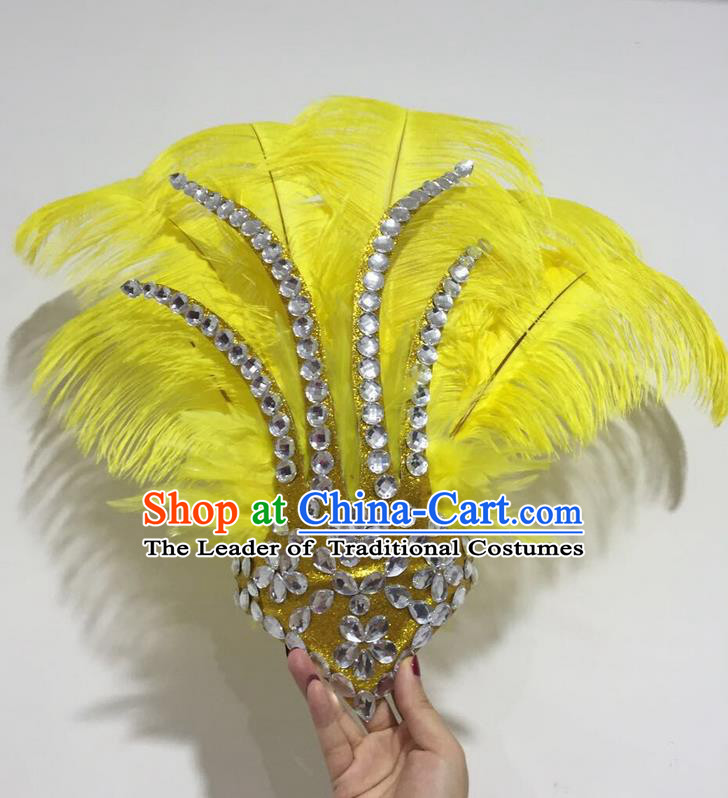 Top Grade Professional Stage Show Halloween Hair Accessories Decorations, Brazilian Rio Carnival Parade Samba Opening Dance Yellow Feather Headpiece for Women