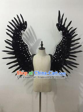 Top Grade Professional Stage Show Halloween Props Black Feather Wings, Brazilian Rio Carnival Parade Samba Dance Modern Fancywork Backplane for Kids