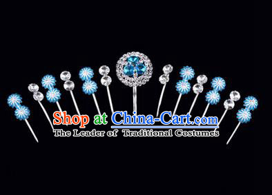 Chinese Ancient Peking Opera Hair Accessories Young Lady Headwear Complete Set, Traditional Chinese Beijing Opera Head Ornaments Hua Tan Crystal Blue Hairpins