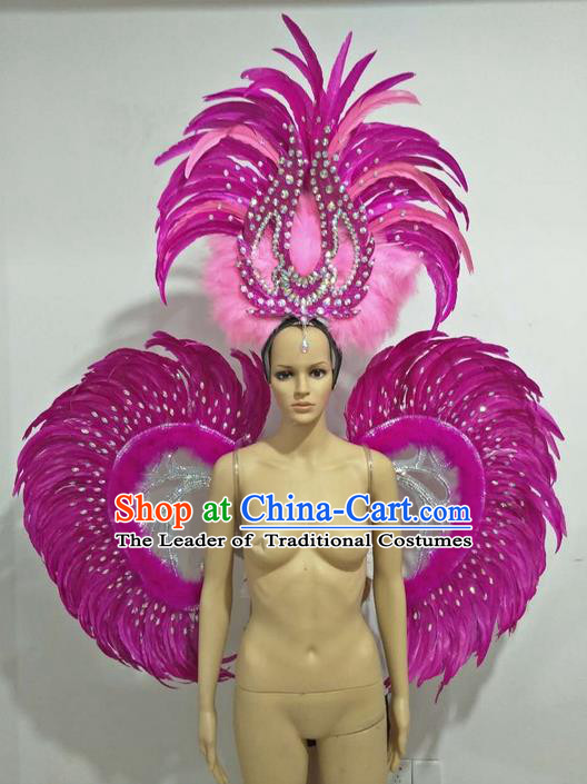 Top Grade Professional Stage Show Halloween Parade Props Decorations Wings and Headpiece, Brazilian Rio Carnival Parade Samba Dance Catwalks Rosy Feather Backplane for Women