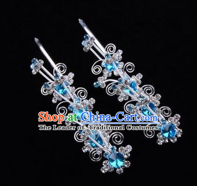 Chinese Ancient Peking Opera Hair Accessories Young Lady Diva Butterfly Head Ornaments, Traditional Chinese Beijing Opera Hua Tan Blue Crystal Hairpins