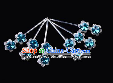 Chinese Ancient Peking Opera Hair Accessories Young Lady Diva Head Ornaments, Traditional Chinese Beijing Opera Hua Tan Blue Crystal Double Beads Hairpins