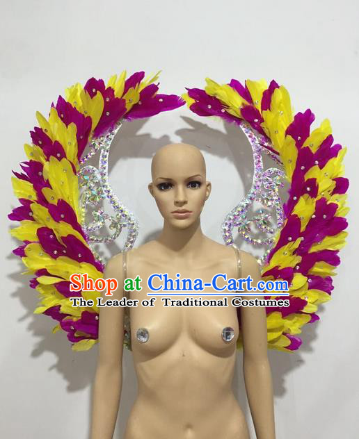 Top Grade Professional Stage Show Halloween Parade Props Decorations Rosy Feather Deluxe Wings, Brazilian Rio Carnival Parade Samba Dance Backplane for Women