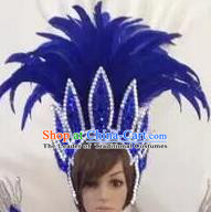 Top Grade Professional Stage Show Halloween Parade Blue Feather Hair Accessories, Brazilian Rio Carnival Parade Samba Dance Catwalks Headpiece for Women