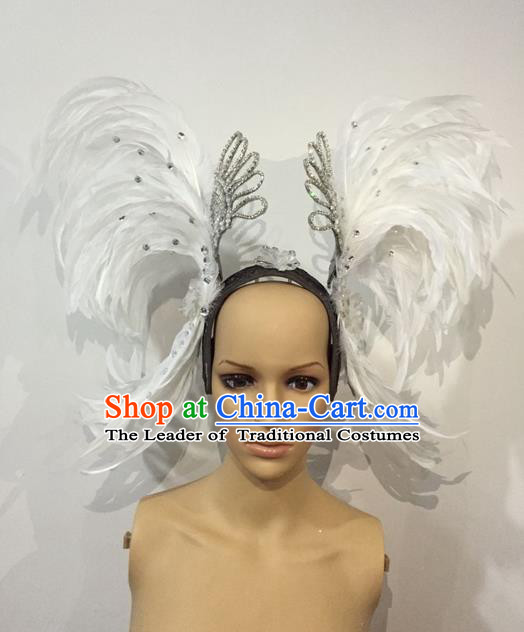 Top Grade Professional Stage Show Halloween Parade White Feather Brazilian Rio Carnival Parade Samba Dance Exaggerated Hair Accessories Headpiece for Women