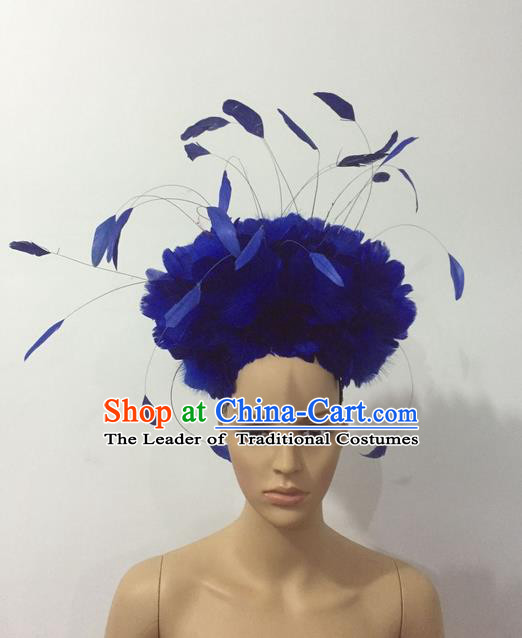 Top Grade Professional Stage Show Halloween Parade Blue Feather Deluxe Hair Accessories, Brazilian Rio Carnival Samba Dance Modern Fancywork Headpiece for Women