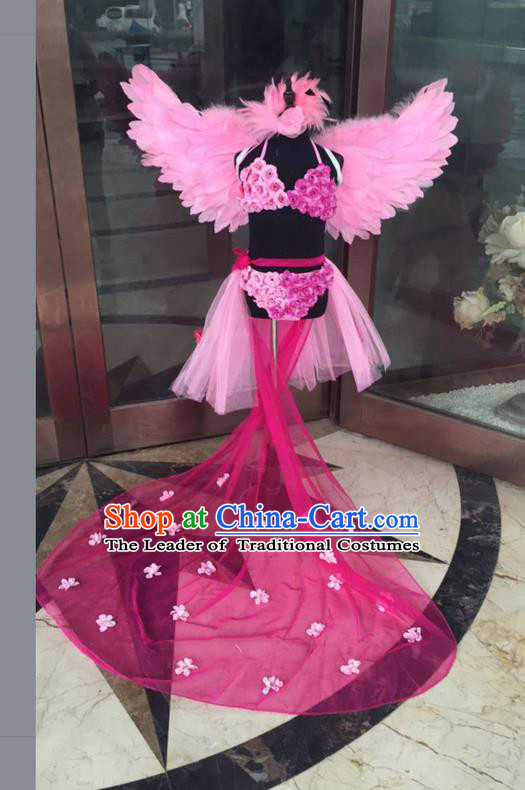 Top Grade Professional Performance Catwalks Bikini Costume and Headpiece, Traditional Brazilian Rio Carnival Samba Modern Fancywork Rose Feather Trailing Swimsuit for Kids